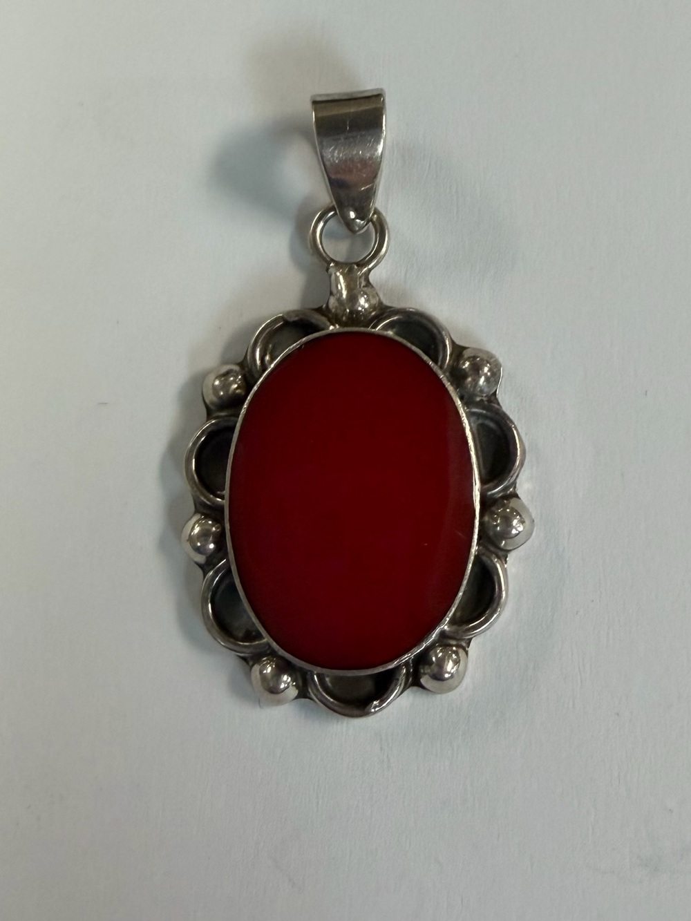 Vintage Red Coral Oval Sterling Silver Pendant Made in Mexico